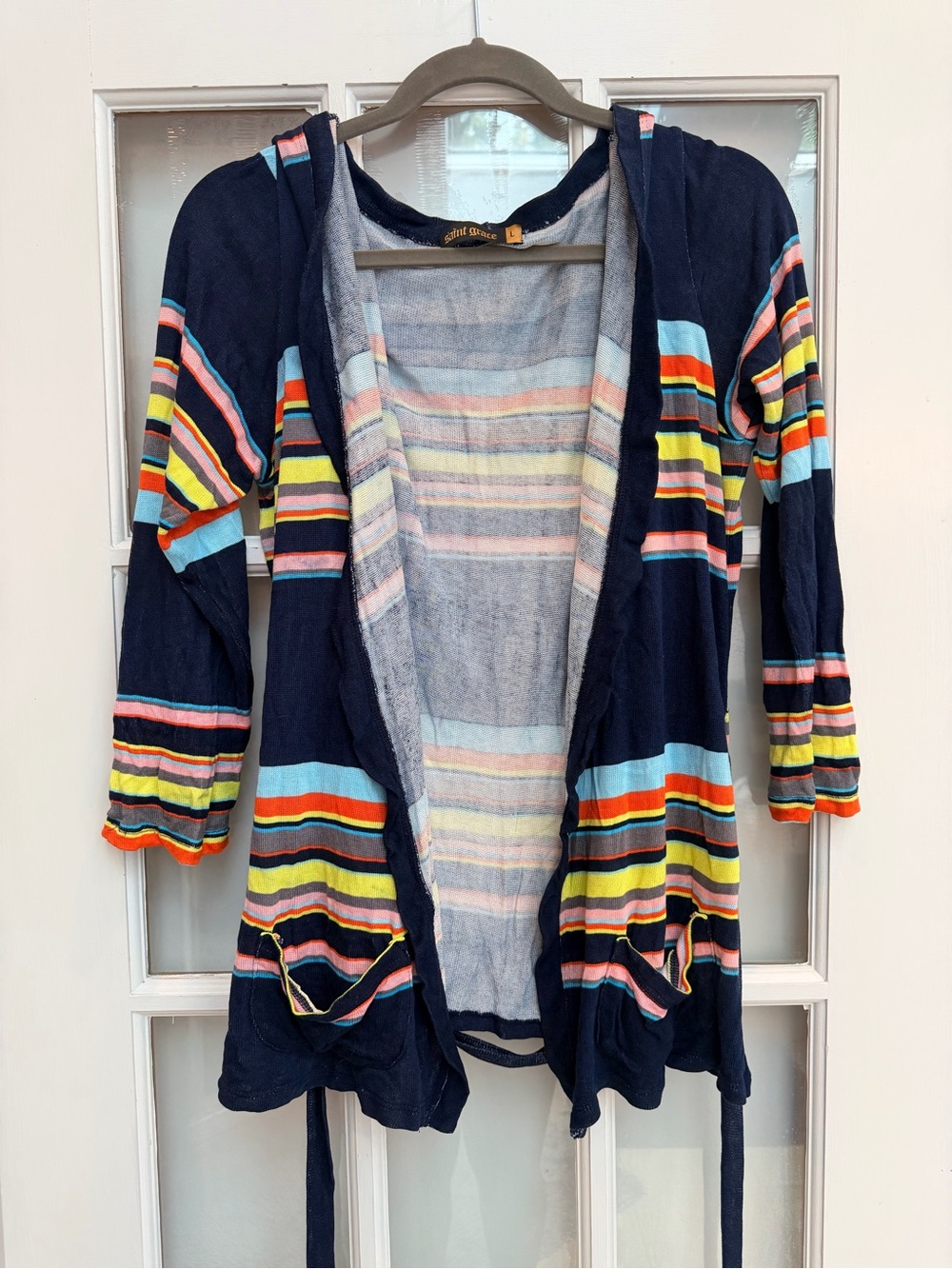 Saint Grace Chic Striped Belted Cardigan Sweater Navy Size Large L